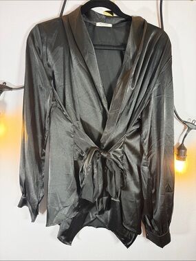 Acevog Black Satin Tie-Front Blouse